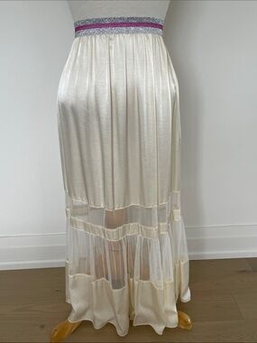 Maryley- Made in Italy - Ivory Satin Maxi Skirt with Glitter Stripe Waistband